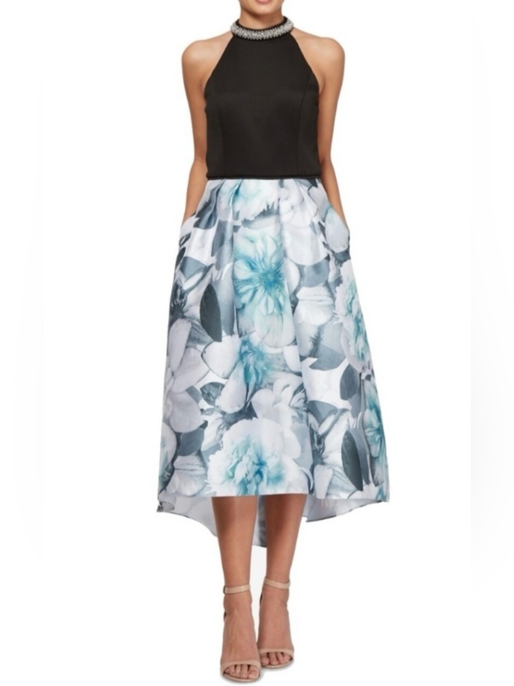SLNY Fashions Black Top with Blue and White Floral Midi Skirt Size 10